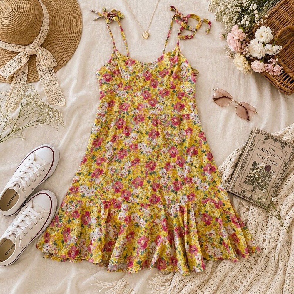 Wild Fable Yellow Floral Mini Dress Pink Cottagecore Y2K Picnic Sundress Boho S